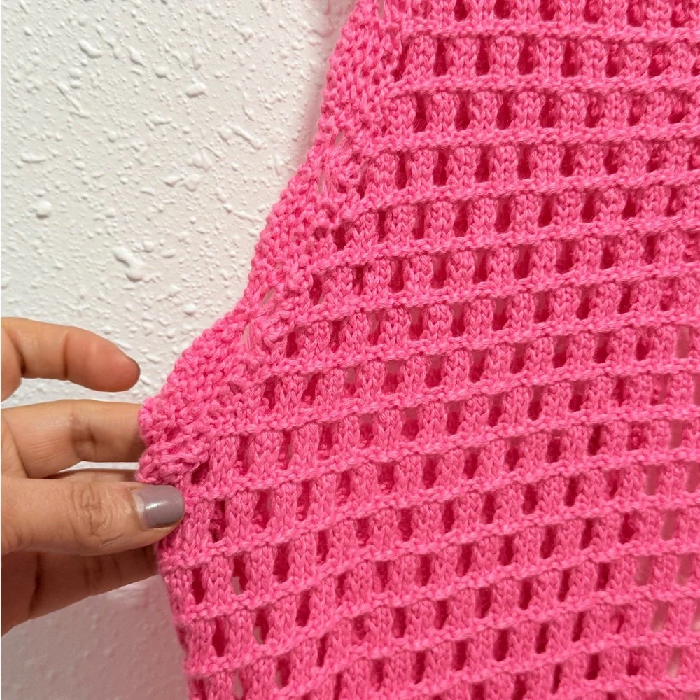 Sleeveless Pink‎ Crochet Swim Cover-Up Tunic S